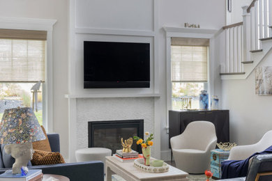 Example of a transitional living room design in Boston