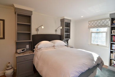 Transitional carpeted bedroom photo in Boston with white walls