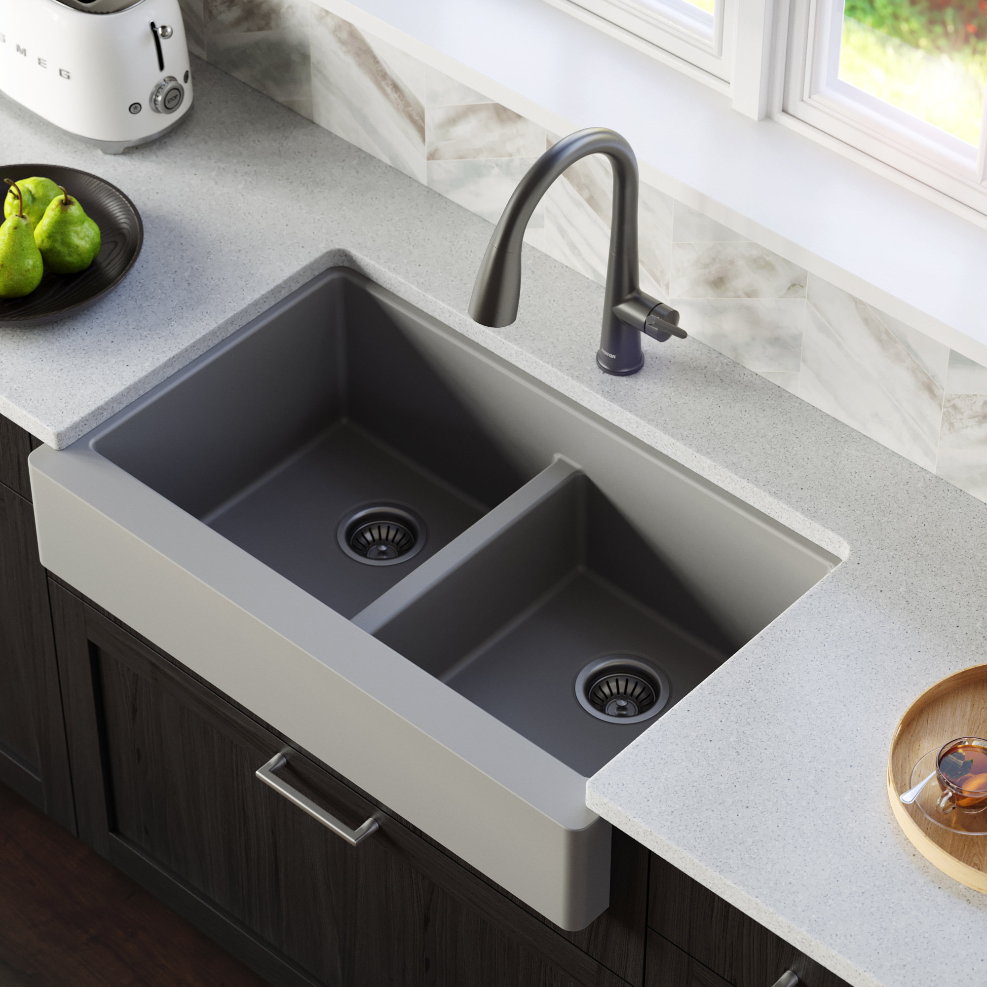 Karran Retrofit Farmhouse Quartz 34" Double Bowl Sink, Grey
