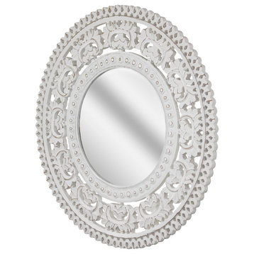 American Art Decor Hand-Carved Wood Medallion Accent Mirror White, 24"