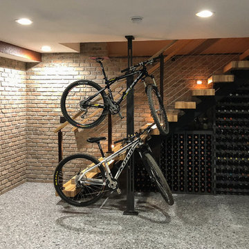 Entry with Wine Display Under the Stairs and Exposed Beam