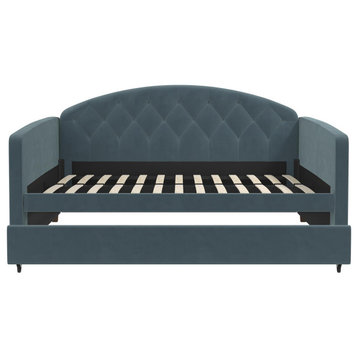Daybed With Trundle, Bentwood Slats & Tufted Rounded Back, Navy, Full/Twin