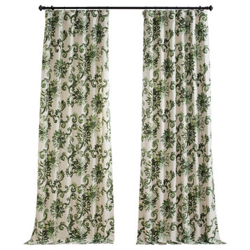 Indonesian Green Printed Cotton Twill Curtain Single Panel, 50"W x 120"L