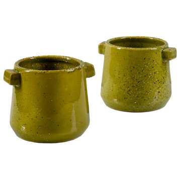 Serene Spaces Living Set of 2 Green Ceramic Vase, 3.75" Diameter & 3.25" Tall