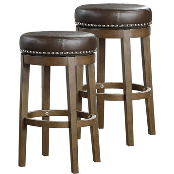 2 Pack Bar Stool, Swivel Design With Rounded Faux Leather Seat & Footrest, Brown