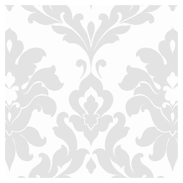 Stripes And Damasks, Classic Damask Stripes White, Gray Wallpaper Roll