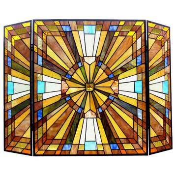 FLARE, Tiffany-glass Mission 3pcs Folding Fireplace Screen, 38" Wide