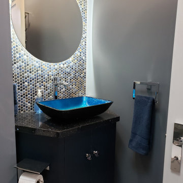 MODERN BLUE GLASS VESSEL SINK BLUE GREY BATH ROOM