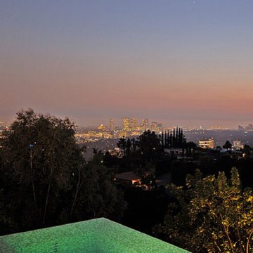 Hollywood Hills Glass Tile Swimming Pool, Vanishing Edge Spa, Entry Watershape