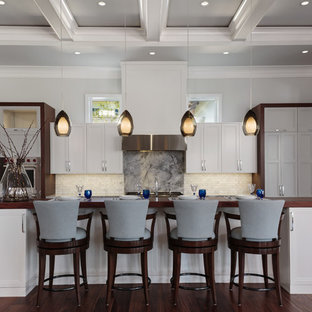 Transitional kitchen designs - Transitional galley dark wood floor and brown floor kitchen photo in Miami with recessed-panel cabinets, white cabinets, white backsplash, stainless steel appliances and an island