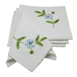 Xia Home Fashions - Crewel Embroidered Flora Linens Collection Napkins, Blue, 21x21, Set of 4 - Napkins