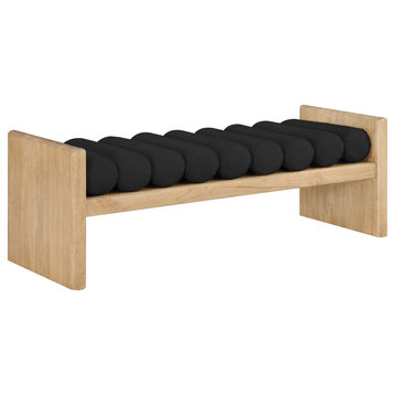 Waverly Boucle Fabric Upholstered Bench, Black, 52" Wide, Natural Finish
