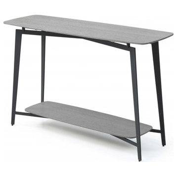 Contemporary Console Table, Sturdy Metal Frame With Gray Grain Top & Open Shelf