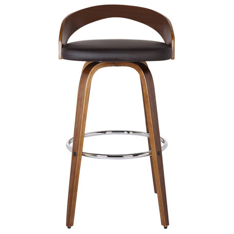 Sonia Swivel Faux Leather and Wood Stool, Brown and Walnut, Counter Height 26"