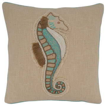 Throw Pillow Cover With Embroidered Sea Horse Design, 18"x18", Aqua