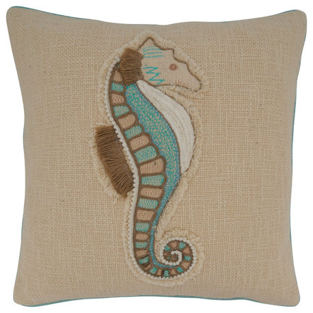 Throw Pillow Cover With Embroidered Sea Horse Design, 18"x18", Aqua