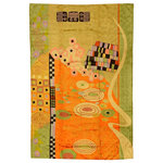 Kashmir Designs - Klimt Green OrangeModern Abstract Rug / Wall Art Hand Embroidered 4ft x 6ft - This modern accent Rug is hand embroidered by the finest artisans of Kashmir and design inspired by the works of modern artist, Gustav Klimt. Many of our customers buy these contemporary rugs as a wall art to decorate the walls of their modern homes or to spice up their traditional decor. The expert Kashmiri needlework in this handmade, hand embroidered contemporary rug is of the finest chainstitch, a superlative stitch. The eye-catching design deserves to be seen and experienced. Wherever you place it, it is sure to draw attention. The art silk embroidery makes it soft to the touch, and the texture of the embroidery is a sensory delight. This area rug will make an excellent outdoor or indoor rug and will add fun and festive atmosphere in your home.
