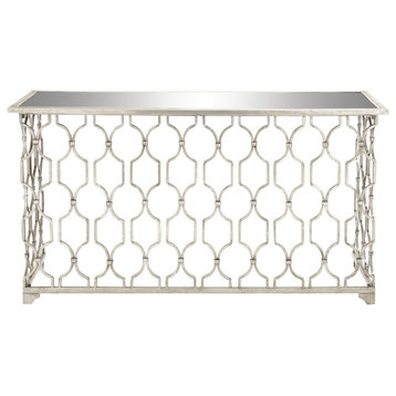 Elegant Console Table, Geometric Accented Frame With Mirror Top, Metallic Silver