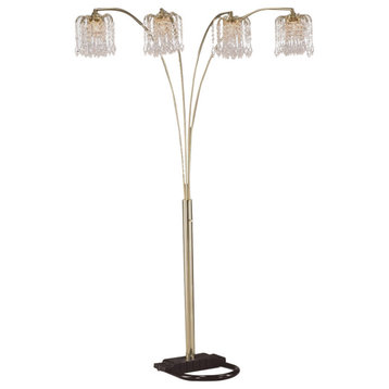 Metal Arc Floor Lamp With 4 Hanging Crystal Lights, Black And Gold