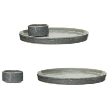 Matte Stoneware Serving Plate With Dish, Grey, Set of 2