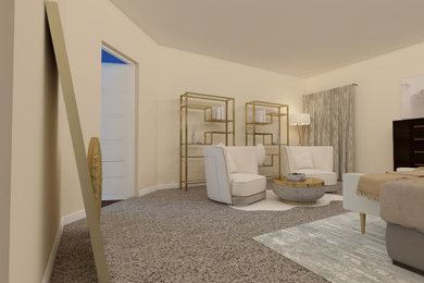 Diseño de dormitorio principal tradicional renovado grande con paredes beige, moqueta, chimenea lineal, suelo gris, bandeja y papel pintado
