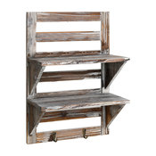 Rustic Wall Mounted 2 Tier Wood Shelf With 2 Hooks, Brown