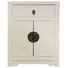 Distressed White Lacquer MoonFace End Table Nightstand Cabinet Hcs7039