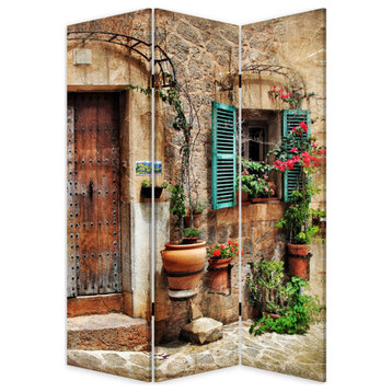 72" 3 Panel Canvas Room Divider, Streets, Flowers, Plants, Multicolor