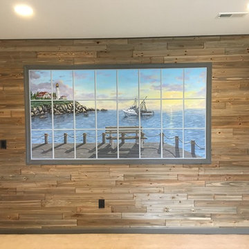 New England Harbor Town Mural, hand painted throughout a lower level
