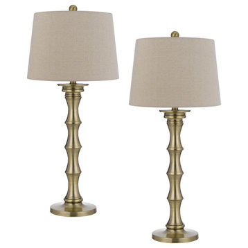 Benzara BM282156 32" Accent Table Lamp Set of 2, Turned Pedestal, Antique Brass