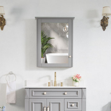 Solid Wood Bathroom Medicine Cabinet With Silver Coated Mirror, Titainum Grey, 24x30