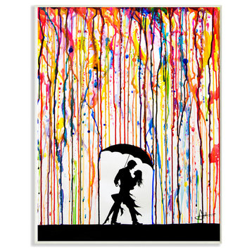 Melting Rainbow Rain Umbrella Dancing Silhouette, Wood Wall Art, 13"x19"