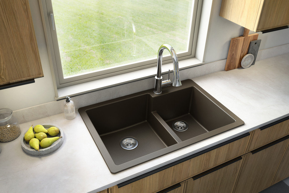 Karran 33" Top Mount Large/Small Bowl Quartz Kitchen Sink, Brown