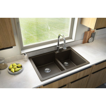 Karran 33" Top Mount Large/Small Bowl Quartz Kitchen Sink, Brown