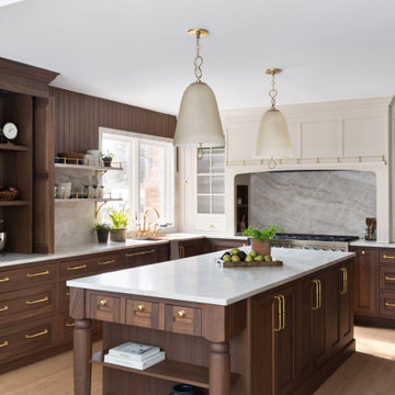 Luxury Transitional Kitchen with Walnut Cabinetry, Marble Slab Backsplash & Bras
