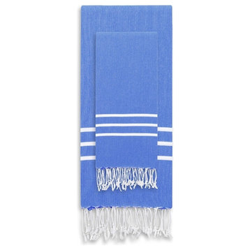 Alara Turkish Pestemal Hand Towels, Set of 2, Royal Blue, 38"x23", White, T