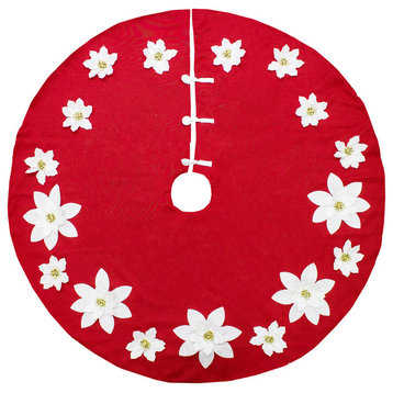 Holiday 3D Poinsettia Christmas Decorative Tree Skirt 53" Round, Red+white
