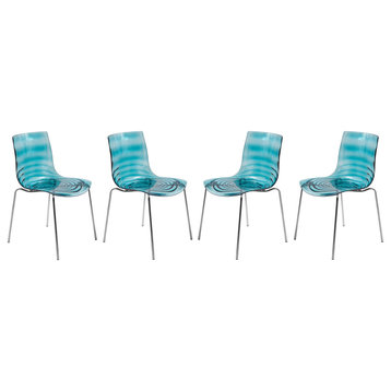 LeisureMod Modern Astor Plastic Dining Chair, Set of 4 Transparent Blue