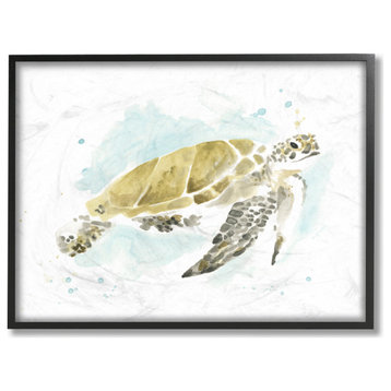 Sea Turtle Ocean Beach Animal Watercolor Painting, 11"x14", Black Frame