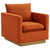 LeisureMod Nervo Modern Velvet Accent Arm Chair With Gold Base, Orange Marmalade