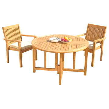 3-Piece Outdoor Teak Dining Set: 48" Butterfly Table, 2 Leveb Stacking Arm Chair
