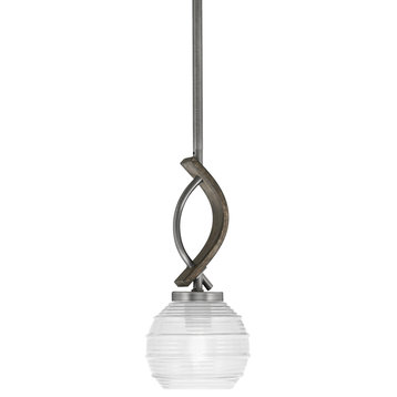 Monterey Mini Pendant Graphite & Painted Distressed Wood-look 6" Clear Ribbed