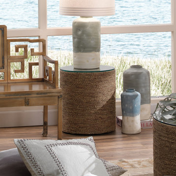 Harbor Side Table, Natural Seagrass With Tempered Glass Top