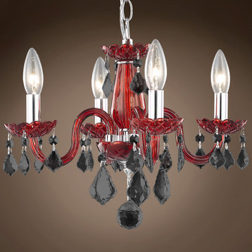 Victorian Design 4 Light 15" Red Chandelier With Smoke Crystals