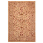 Bareens Designer Rugs - Boho Chic Ziegler Shannan Tan Brown Hand-Knotted Wool Rug - 6'3'' x 8'10'' - Enhance the ambiance of your home with this magnificent Persian-influenced Turkish hand-knotted rug made by skilled artisans capable of creating the most exceptional vegetable dyes and hand-spun wool. This exquisite handmade rug is a one-of-a-kind Peshawar Kafkaz, otherwise identified as Chobi, Chobi Peshawar, Oushak, or Ziegler rug. These handmade rugs are crafted in Pakistan utilizing superior-quality wool imported from Australia, New Zealand, and Korea in two types of weaves: the Persian weave and the Mori weave. This rug is meticulously crafted by hand using the finest natural vegetable dyes extracted from local plants. The artisans use a blend of hand-spun local and fine merino wool, resulting in a rug with a compelling texture, higher lanolin content, and longer staple. The artisans occasionally incorporate natural or artificial silk into the pile to enhance specific motifs. The finished product is an awe-inspiring execution of flawless design and an understated palette that exudes elegance.