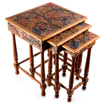 Novica Paradise Cedar And Leather Accent Tables (Set Of 3)