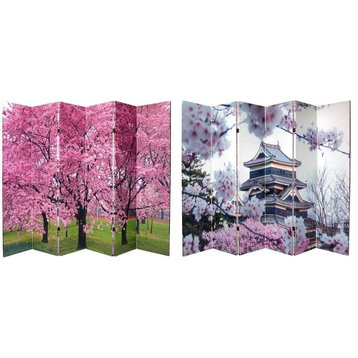 6' Tall Double Sided Cherry Blossoms Canvas Room Divider 6 Panel
