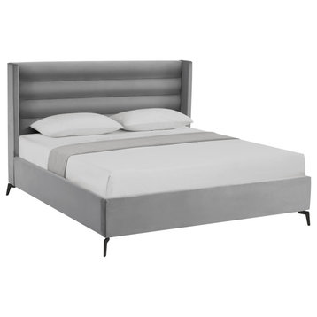 Inspired Home Alessio Bed, Upholstered, Light Gray Velvet King