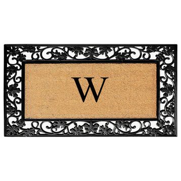 A1HC Floral Border Black 18x30 Rubber and Coir Heavy Duty Monogrammed Doormat, W