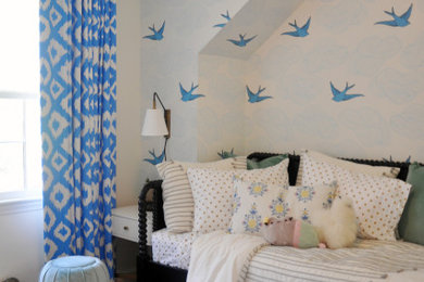 Example of a small transitional girl carpeted and beige floor kids' room design in DC Metro with white walls